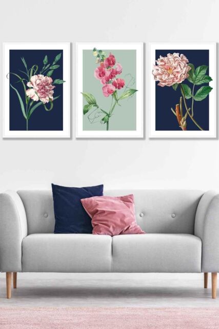 ARTZE Set of 3 White Framed Vintage Flowers Navy Blue & Sage Green Wall Art - Size: W33 cm x H45 cm x D20mm - image 1