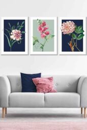 ARTZE Set of 3 White Framed Vintage Flowers Navy Blue & Sage Green Wall Art - Size: W33 cm x H45 cm x D20mm - thumbnail 1