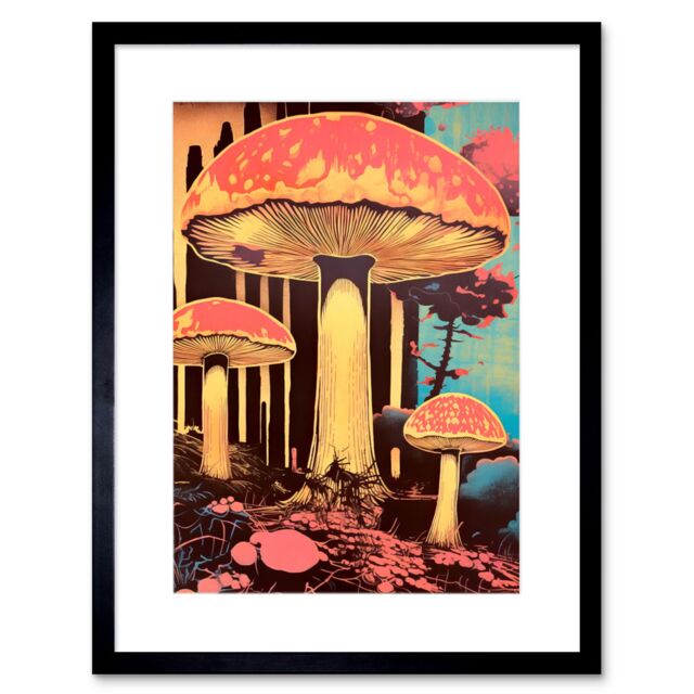 "Artery8 Wall Art Print Red Mushroom Fungi Pink Blue Bright Psychedelic Nature Kitchen Artwork Framed 9X7 Inch in Black - Size: W7"" x H9""" - image 1