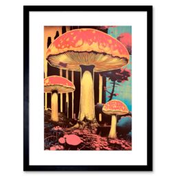 "Artery8 Wall Art Print Red Mushroom Fungi Pink Blue Bright Psychedelic Nature Kitchen Artwork Framed 9X7 Inch in Black - Size: W7"" x H9""" - thumbnail 1