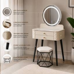 Sliding Wardrobes 4U Modern Dressing Table with LED Mirror & Stool Set W60 x D40 x H127cm in Beige - thumbnail 4