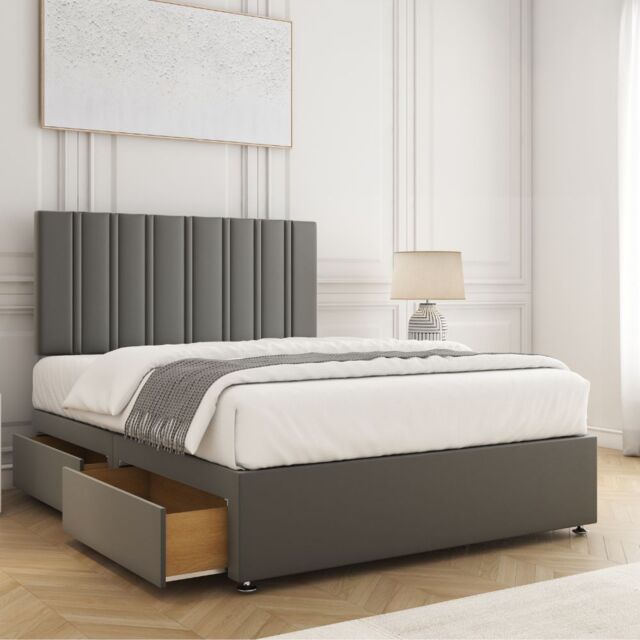 "BSSPOKE Sienna Plush Divan Bed Set 24""Headboard 2Drawers Same Side & Mattress in Grey - Size: Double" - image 1