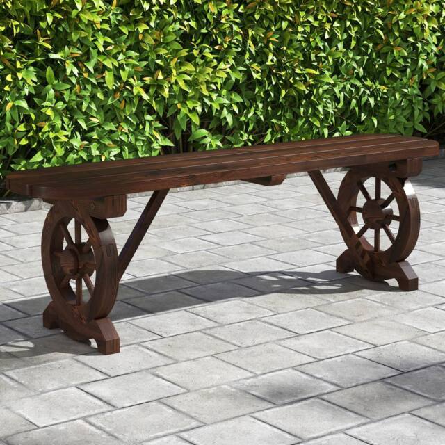 Costway 2-Seat Garden Curved Bench Carbonized Wood Dining Bench w/ Wagon Wheel Base in Brown - image 1