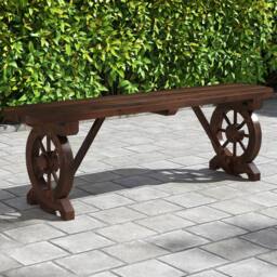 Costway 2-Seat Garden Curved Bench Carbonized Wood Dining Bench w/ Wagon Wheel Base in Brown - thumbnail 1