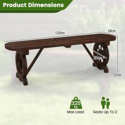 Costway 2-Seat Garden Curved Bench Carbonized Wood Dining Bench w/ Wagon Wheel Base in Brown - thumbnail 5