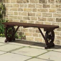 Costway 2-Seat Garden Curved Bench Carbonized Wood Dining Bench w/ Wagon Wheel Base in Brown - thumbnail 2