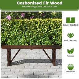 Costway 2-Seat Garden Curved Bench Carbonized Wood Dining Bench w/ Wagon Wheel Base in Brown - thumbnail 3