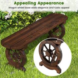 Costway 2-Seat Garden Curved Bench Carbonized Wood Dining Bench w/ Wagon Wheel Base in Brown - thumbnail 4