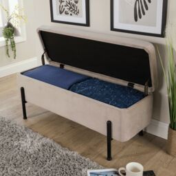 Home Source Storage Ottoman Seat Boucle Velvet Metal Legs Compact Bedroom Storage in Light Grey - thumbnail 3