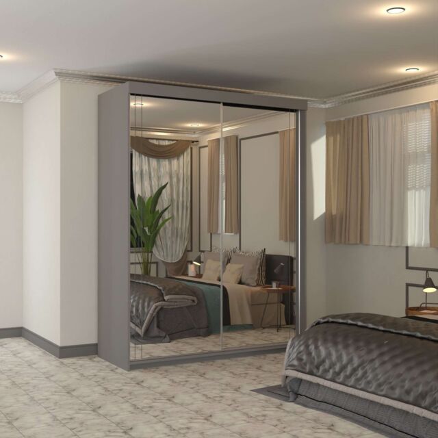 Sliding Wardrobes 4U Modern Sliding Wardrobe Full Mirror with LED Light 150cm x 217cm in Grey - Size: 150 cm x 217 cm - image 1