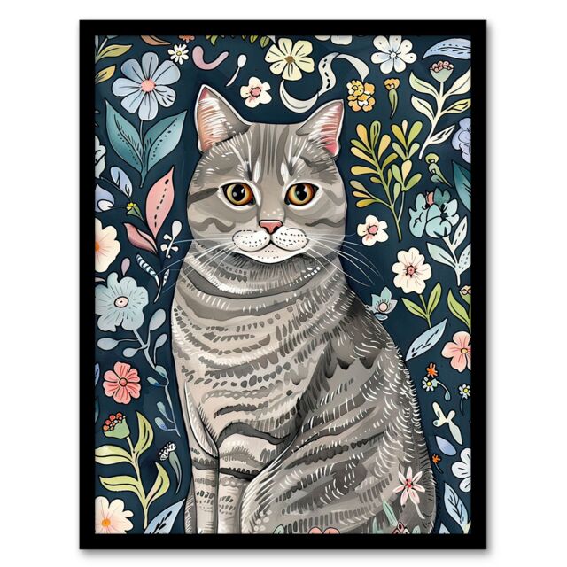"Artery8 American Shorthair Cat Lover Floral Watercolour Framed Wall Art in Blue - Size: W12"" x H16""" - image 1