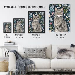 "Artery8 American Shorthair Cat Lover Floral Watercolour Framed Wall Art in Blue - Size: W12"" x H16""" - thumbnail 3