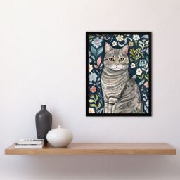 "Artery8 American Shorthair Cat Lover Floral Watercolour Framed Wall Art in Blue - Size: W12"" x H16""" - thumbnail 4