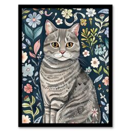 "Artery8 American Shorthair Cat Lover Floral Watercolour Framed Wall Art in Blue - Size: W12"" x H16""" - thumbnail 1