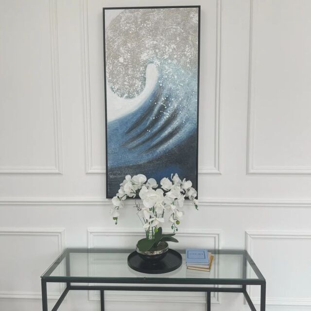 Modish Furnishing Blue & Cream Wave Black Framed Canvas - image 1