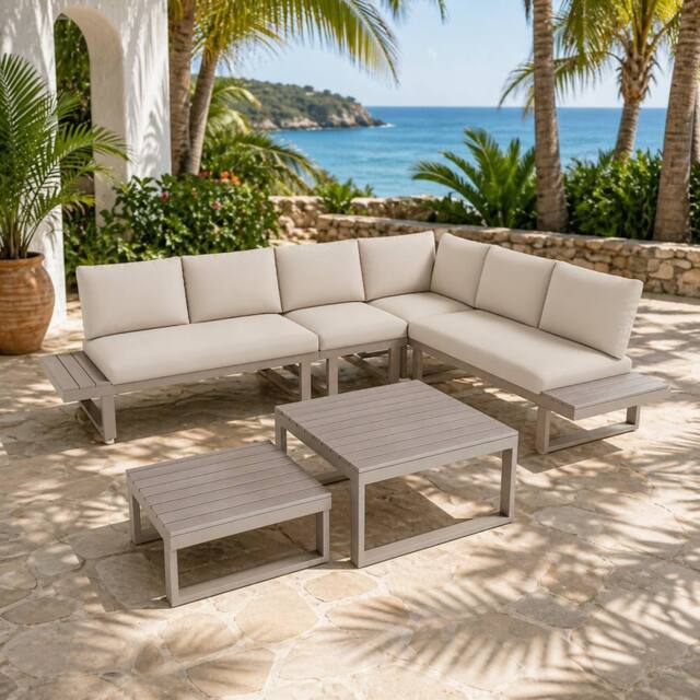 Merax 6 Piece Modular Garden Lounge Set with Reclining Seat & Coffee Table in Beige