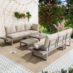 Merax 6 Piece Modular Garden Lounge Set with Reclining Seat & Coffee Table in Beige - thumbnail 5