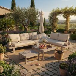 Merax 6 Piece Modular Garden Lounge Set with Reclining Seat & Coffee Table in Beige - thumbnail 6