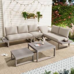 Merax 6 Piece Modular Garden Lounge Set with Reclining Seat & Coffee Table in Beige - thumbnail 2