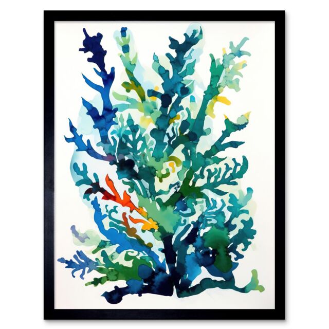"Artery8 Wall Art Print Seaweed Plant Abstract Folk Art Framed in Black - Size: W12"" x H16""" - image 1