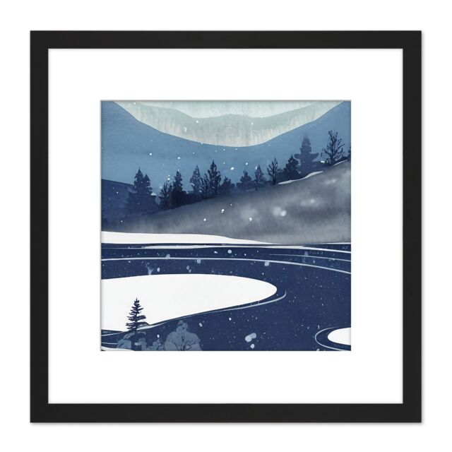 Artery8 Mountain Pine Forest Winter Wonderland Lake Watercolour Square Wooden Framed Wall Art Print Picture 8X8 Inch in Black - image 1
