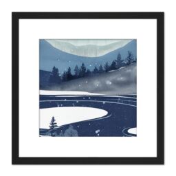 Artery8 Mountain Pine Forest Winter Wonderland Lake Watercolour Square Wooden Framed Wall Art Print Picture 8X8 Inch in Black - thumbnail 1