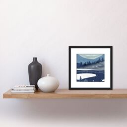 Artery8 Mountain Pine Forest Winter Wonderland Lake Watercolour Square Wooden Framed Wall Art Print Picture 8X8 Inch in Black - thumbnail 2