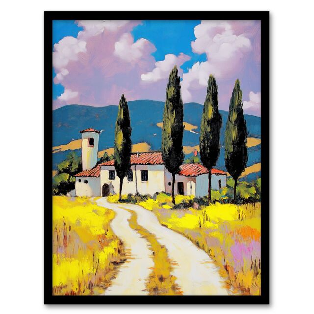 "Artery8 Italian Countryside Villa Cypress Trees Landscape Framed Art Print - Size: W12"" x H16""" - image 1