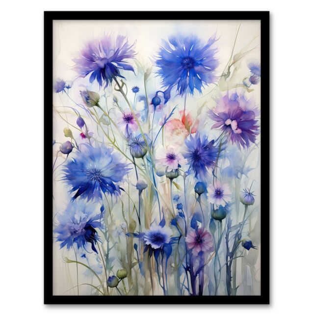 Artery8 Wall Art Print Cornflower Wildflower Meadow Watercolour Painting Framed in Purple - Size: A4 - image 1