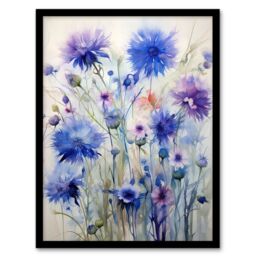 Artery8 Wall Art Print Cornflower Wildflower Meadow Watercolour Painting Framed in Purple - Size: A4 - thumbnail 1
