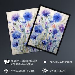 Artery8 Wall Art Print Cornflower Wildflower Meadow Watercolour Painting Framed in Purple - Size: A4 - thumbnail 2