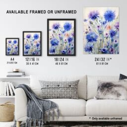 Artery8 Wall Art Print Cornflower Wildflower Meadow Watercolour Painting Framed in Purple - Size: A4 - thumbnail 3