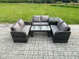 Fimous Rattan Garden Furniture Set 6 Seater Indoor Outdoor Patio Sofa Set with Coffee Table Loveseat Sofa Side Table Dark Grey Mixed - thumbnail 1