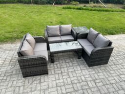 Fimous Rattan Garden Furniture Set 6 Seater Indoor Outdoor Patio Sofa Set with Coffee Table Loveseat Sofa Side Table Dark Grey Mixed - thumbnail 2