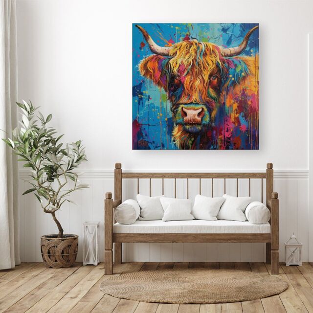"Warren Reed - Designer Splashart Highland Cow Canvas - Size: W30"" x H30""" - image 1