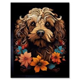"Artery8 Wall Art Print Cockapoo Dog with Flowers Artwork Orange Brown Blue Floral Art Nouveau Portrait on Black Art Framed - Size: W12"" x H16""" - thumbnail 1
