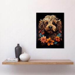 "Artery8 Wall Art Print Cockapoo Dog with Flowers Artwork Orange Brown Blue Floral Art Nouveau Portrait on Black Art Framed - Size: W12"" x H16""" - thumbnail 2