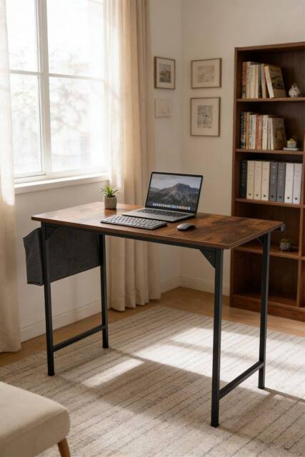 Living and Home Home Office Desk with Side Storage Pocket and Hook in Brown - image 1