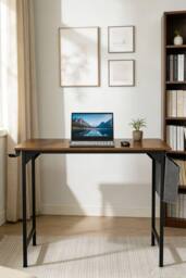 Living and Home Home Office Desk with Side Storage Pocket and Hook in Brown - thumbnail 2