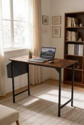 Living and Home Home Office Desk with Side Storage Pocket and Hook in Brown - thumbnail 1