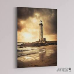 "Artery8 Lighthouse Beach Sunset Seascape Canvas Wall Art Print in Brown - Size: W18"" x H24""" - thumbnail 2