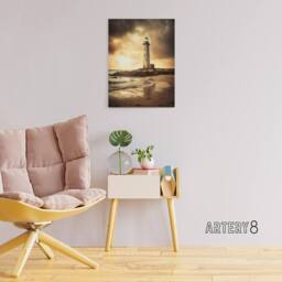 "Artery8 Lighthouse Beach Sunset Seascape Canvas Wall Art Print in Brown - Size: W18"" x H24""" - thumbnail 3