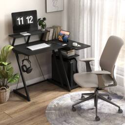 Costway L-Shaped Gaming Desk with Outlets & USB Ports Small Computer Desk in Black - thumbnail 3