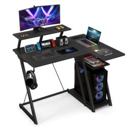 Costway L-Shaped Gaming Desk with Outlets & USB Ports Small Computer Desk in Black - thumbnail 8