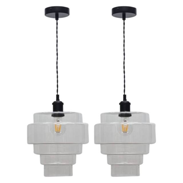 First Choice Lighting Set of 2 Benson - 5 Tier Glass & Black Ceiling Pendant Lights in Clear - image 1