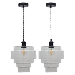 First Choice Lighting Set of 2 Benson - 5 Tier Glass & Black Ceiling Pendant Lights in Clear - thumbnail 1