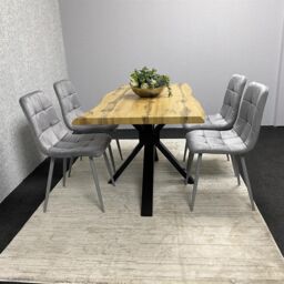 KOSY KOALA Wooden Dining Table with 4 Grey Velvet Chairs, Stylish Dining Room Furniture in Brown - thumbnail 1