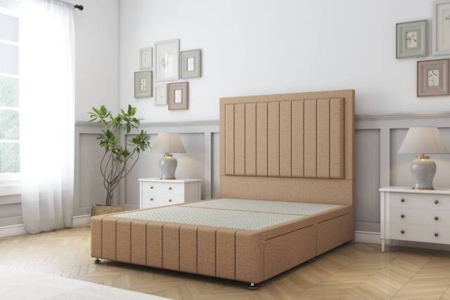 "Sloomy Pemberton Tweed Divan Bed Base 2 Drawers Right Side With 26"" Strutted Headboard & 12"" Matching Footboard in Light Brown - Size: Double" - image 1