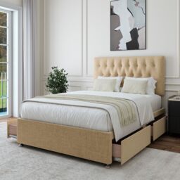Bedmaster Linen 4 Drawer Divan Base & Button Headboard in Natural - Size: Small Double - thumbnail 2