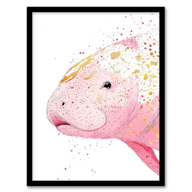 Artery8 Pink Manatee Gold Paint Splatter Animal Portrait Framed Art Print - Size: A4 - image 1